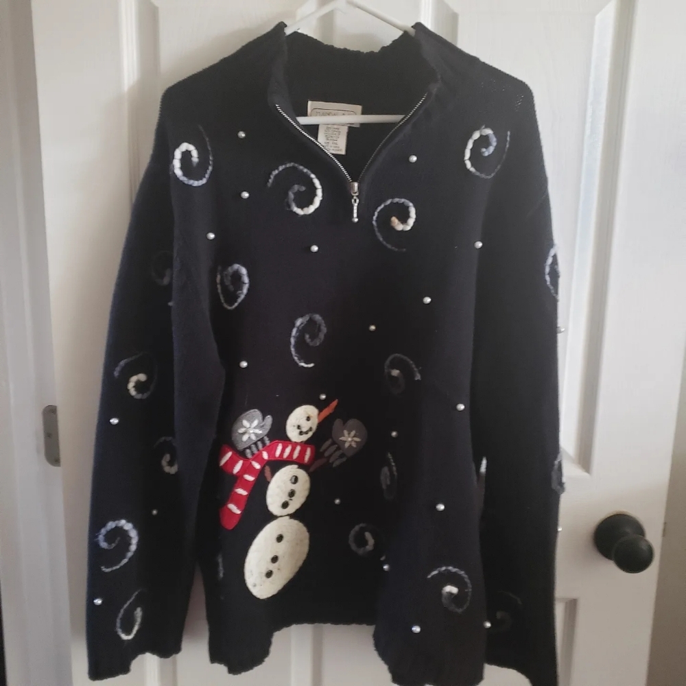 Black 2xl Ugly Christmas Sweater Snowman with Swirls and Pearls Mandal Bay